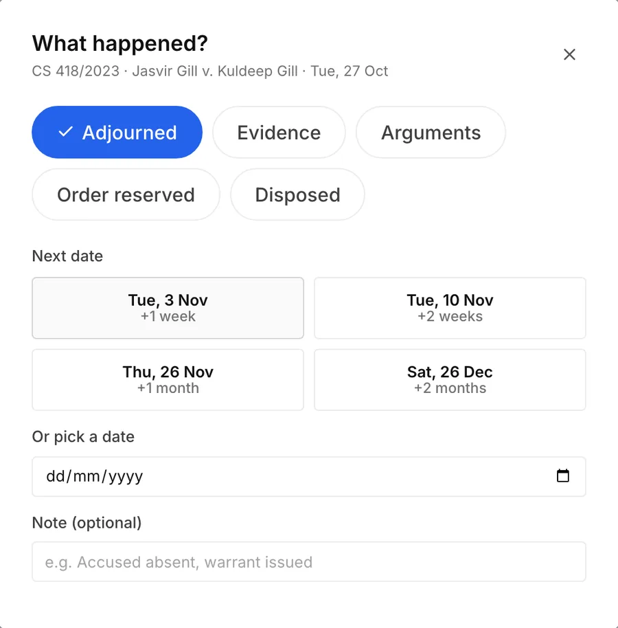 The What happened? sheet for CS 418/2023, Jasvir Gill v. Kuldeep Gill. Adjourned is selected, with next-date buttons for 3 Nov, 10 Nov, 26 Nov and 26 Dec.